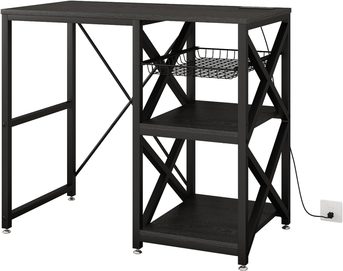 METYERRY Kitchen Bakers Rack with Power Outlet,Mini Fridge Cabinet with Mesh Basket, Mini Fridge and Microwave Table with Storage for Office,Kitchen,Living Room,Coffee Bar,Patio, Black