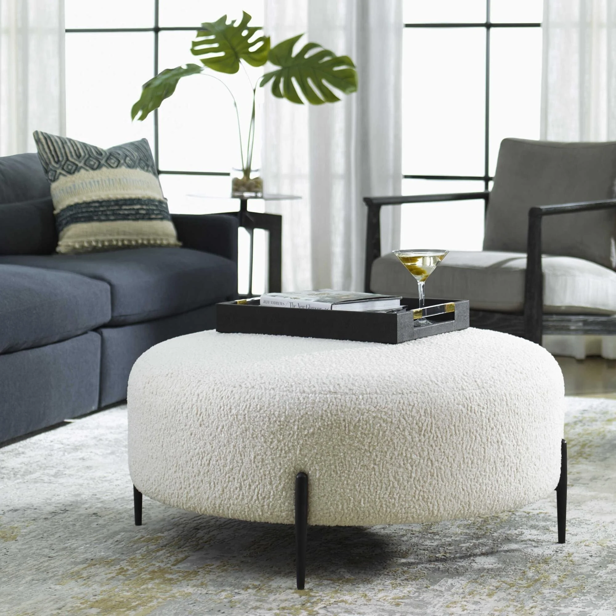 Round Faux Shearling Plush Ottoman - 40 - White and Black - Large