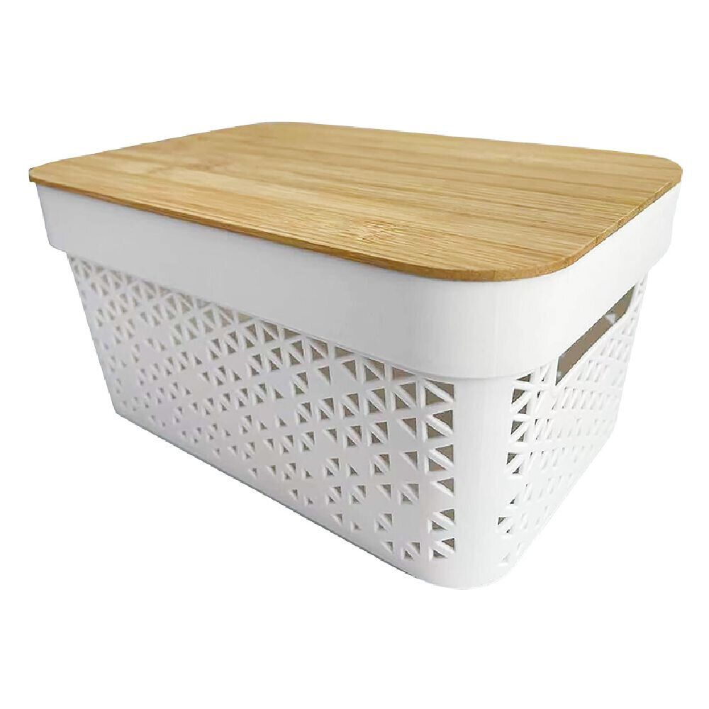 Panière de rangement blanche avec couvercle en bambou moyen modèle