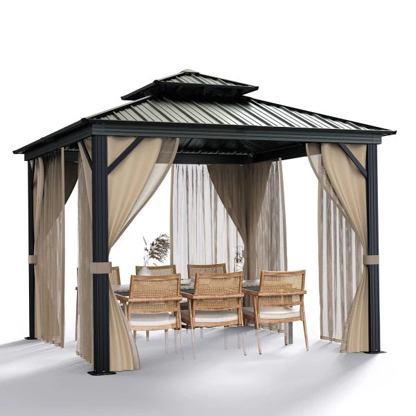 10��x10�� Hardtop Gazebo with double metal roof, aluminum frame, net, and curtain. All-weather, ideal for patio, deck, garden, backyard. Khaki.(Khaki/10x10FT)