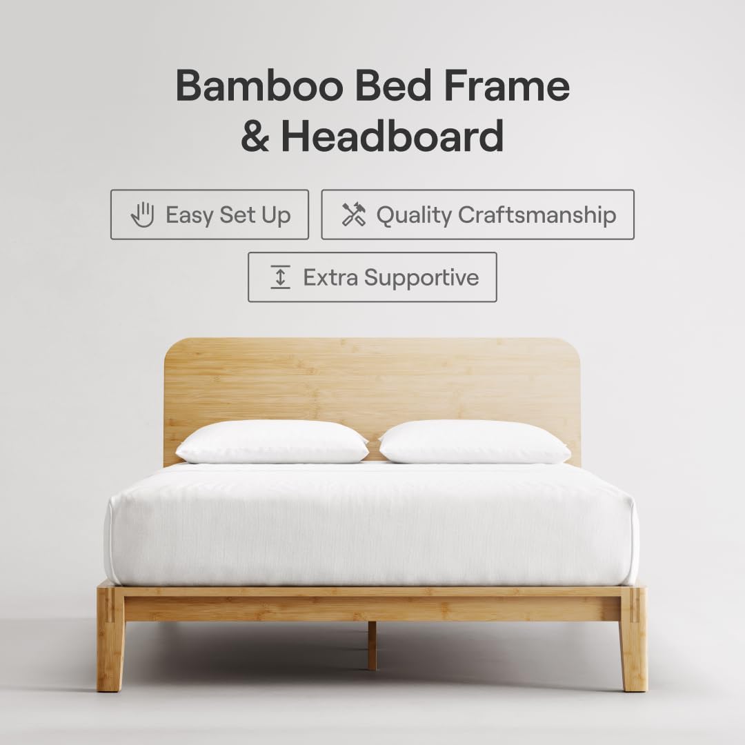 Nectar Bamboo Platform Bed Frame & Headboard - Natural - Queen - Floating Center Support Legs - 12” Height - Easy Tool Free Set Up - Contemporary - Sturdy Wooden Support Slats - Holds Up To 800 Pounds