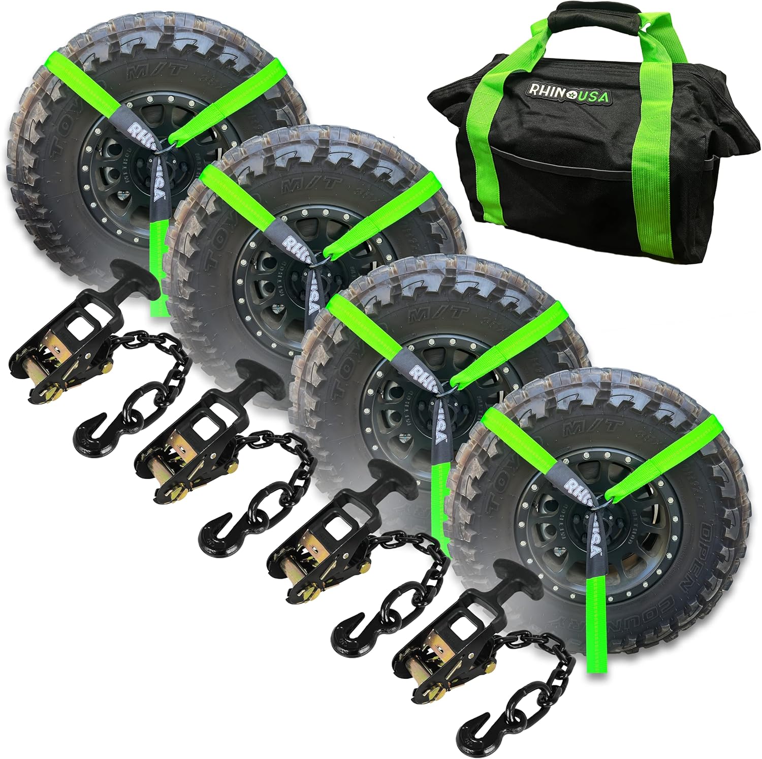 Car Tie Down Straps for Trailers with Flat Hooks (4-Pack) - 2 Inch x 8 Feet (10,000lb Break Strength) - Heavy Duty T-Handle Car Lasso Tire Straps for Trailer  UTV - Black(Black/J-Hooks)