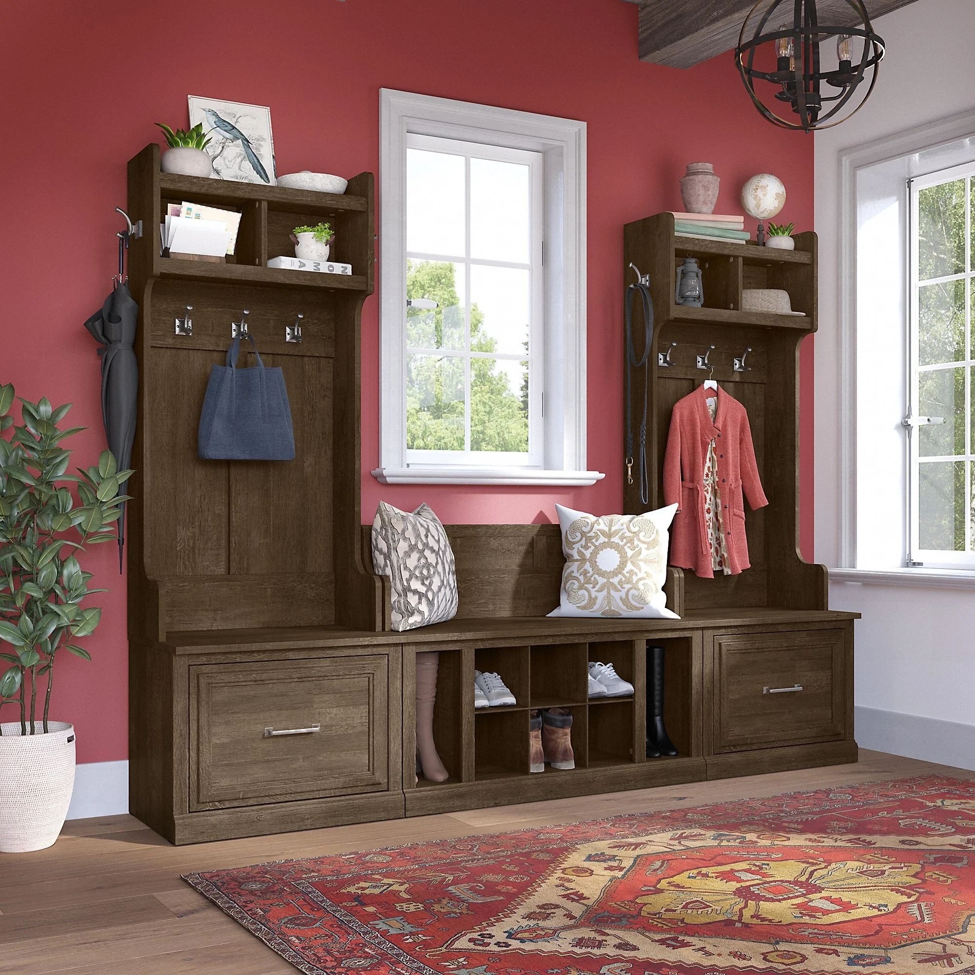 Woodland Hall Trees and Shoe Bench with Drawers by Bush Furniture