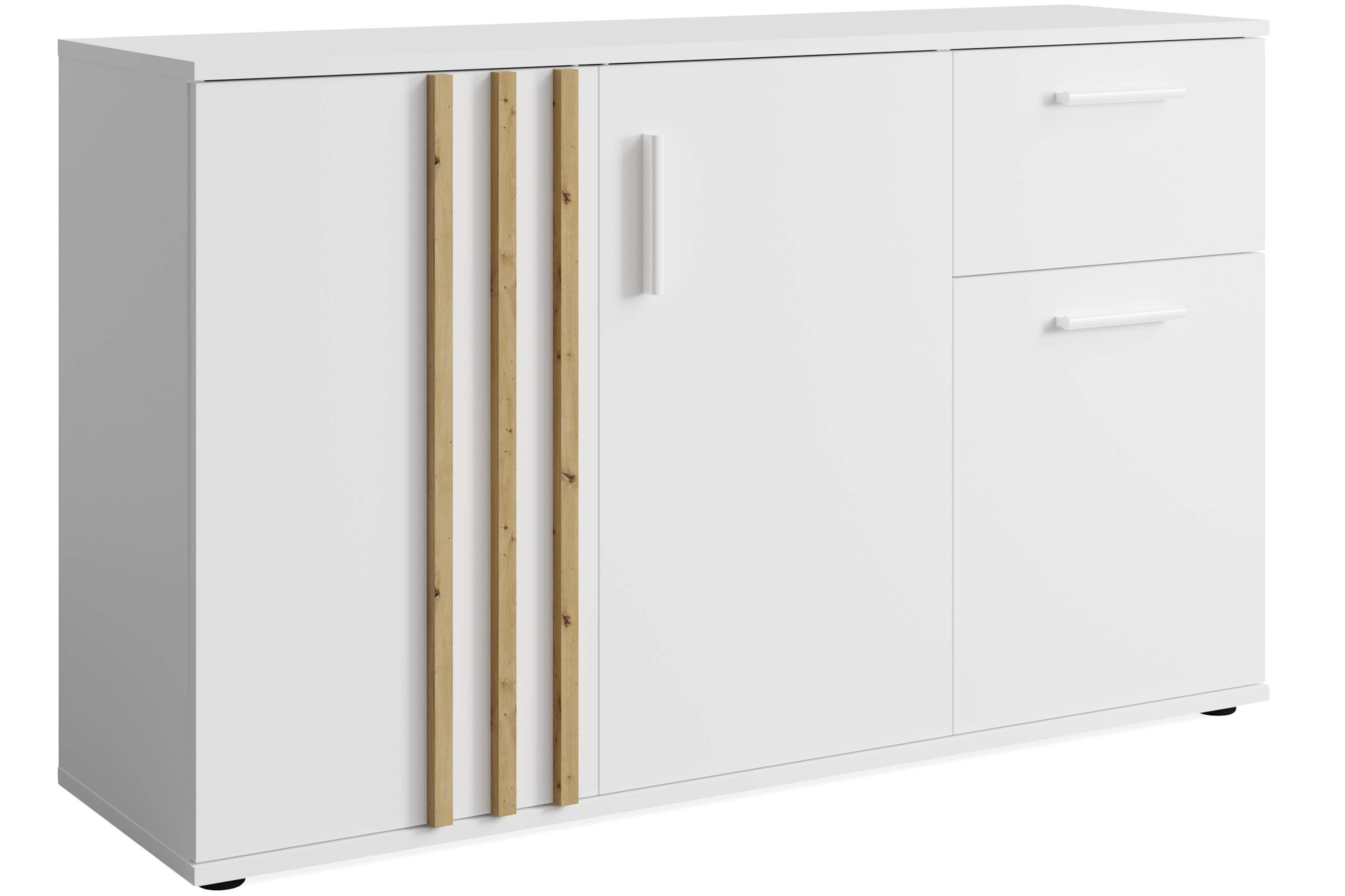 KONSIMO FERIO Komoda do salonu 120 cm styl modern biały z elementami dębu