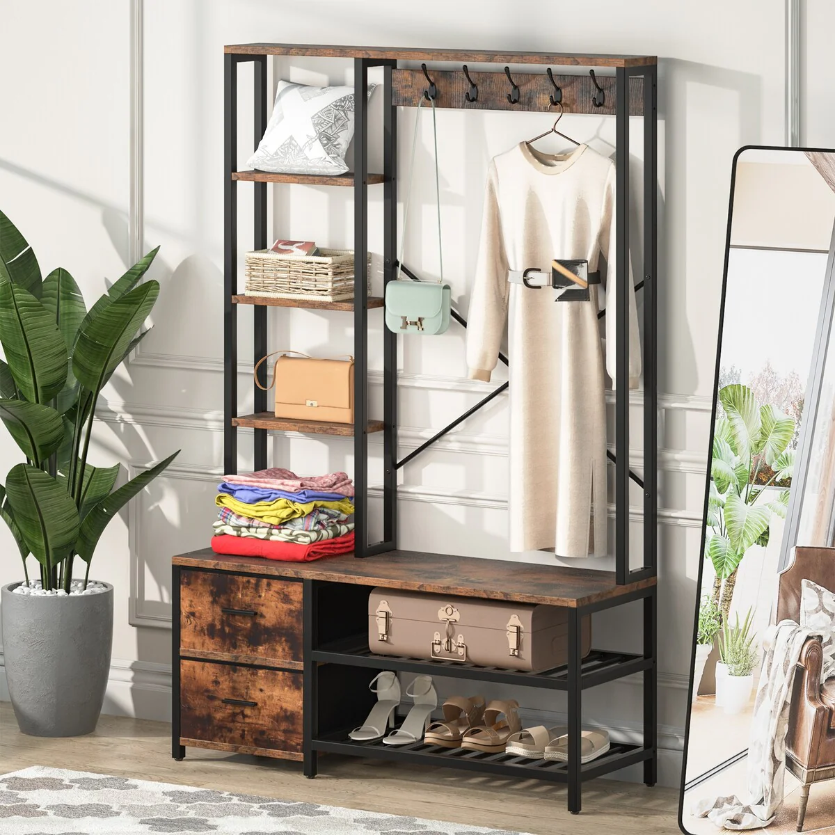 4-in-1 Clothing Garment Rack, Entryway Hall Tree with Shoe Bench and Drawers