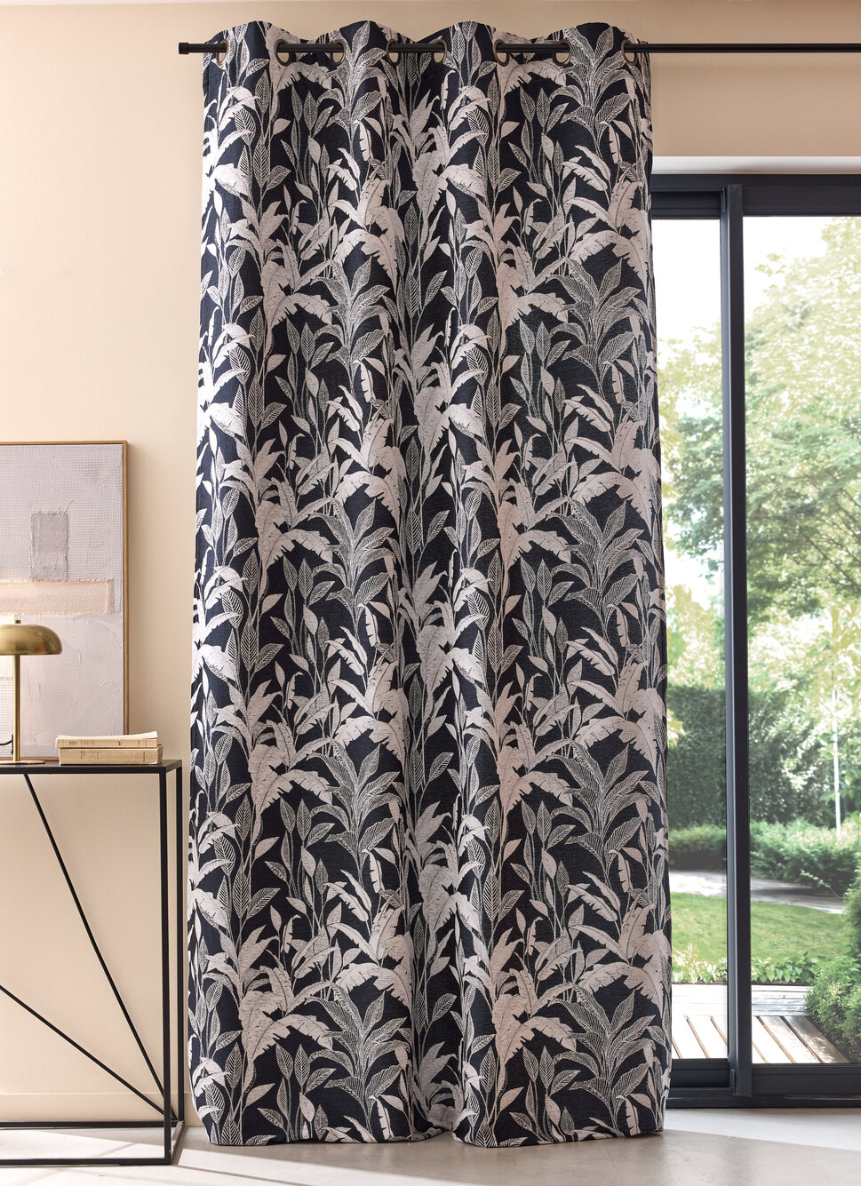 RIDEAU JACQUARD CHENILLE AVEC MOTIFS VÉGÉTAUX MARINE