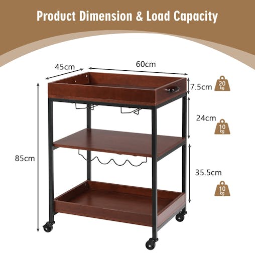 NNECW 3-Tier Kitchen Island Cart with Wine Rack & Glass Holders & Handle