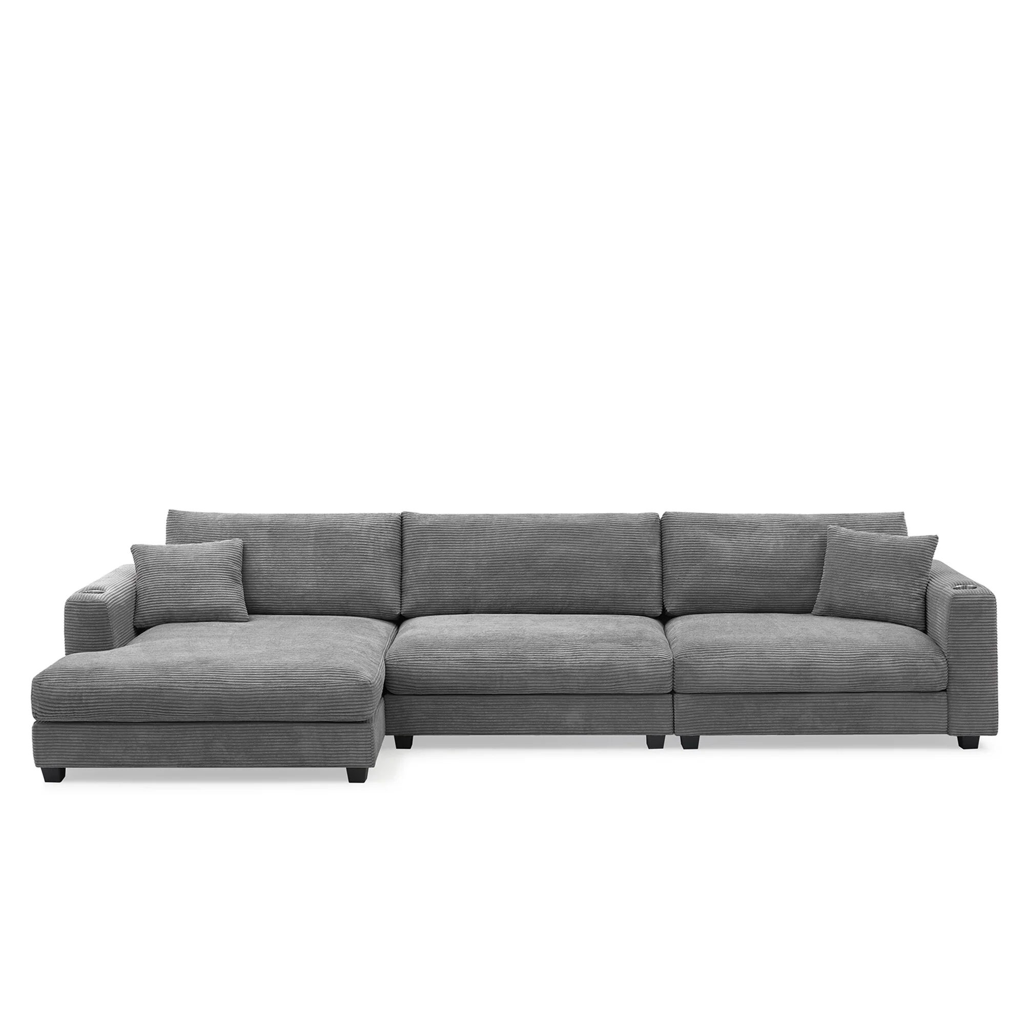 Contemporary Sectional Sofa with Corduroy Upholstery and Cup Holders and USB Ports for Living Room or Guest Room
