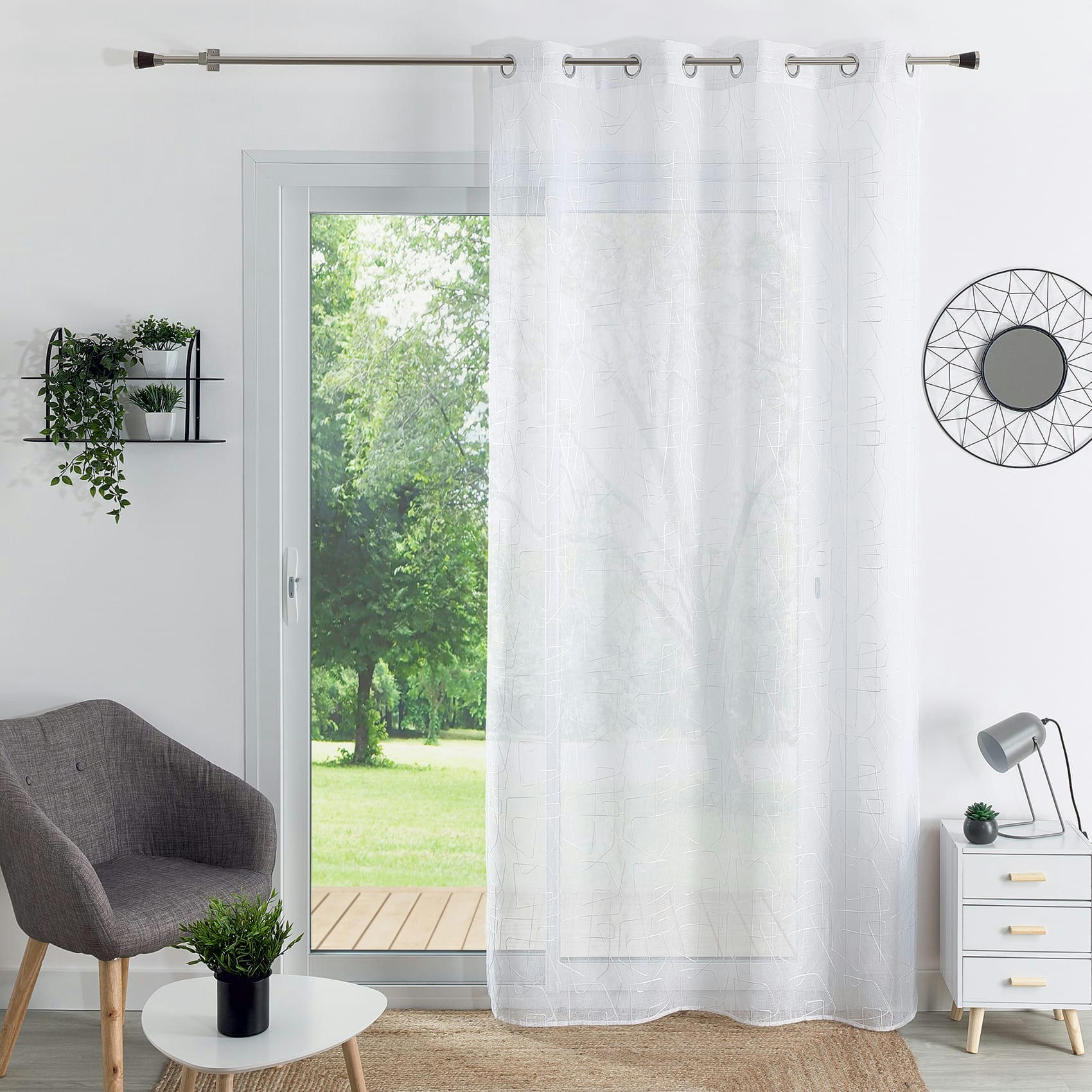 - Voilage brodé au style graphique polyester/etamine blanc 140x240 cm