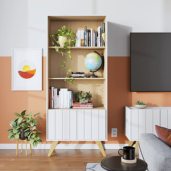 Bibliothèque sur pieds avec étagères et 2 portes coloris Blanc - Longueur 75 x Hauteur 175 x Profondeur 36 cm