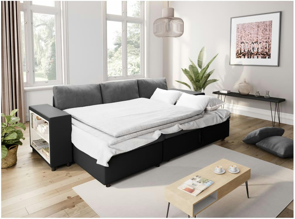 MADY - Canapé d'angle convertible avec rangement poufs à droite noir/gris