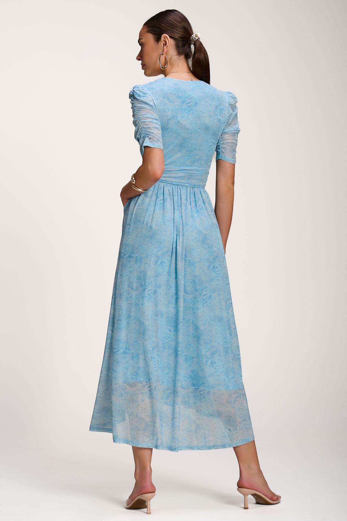 Jolie Moi Printed Mesh Dip Hem Maxi Dress
