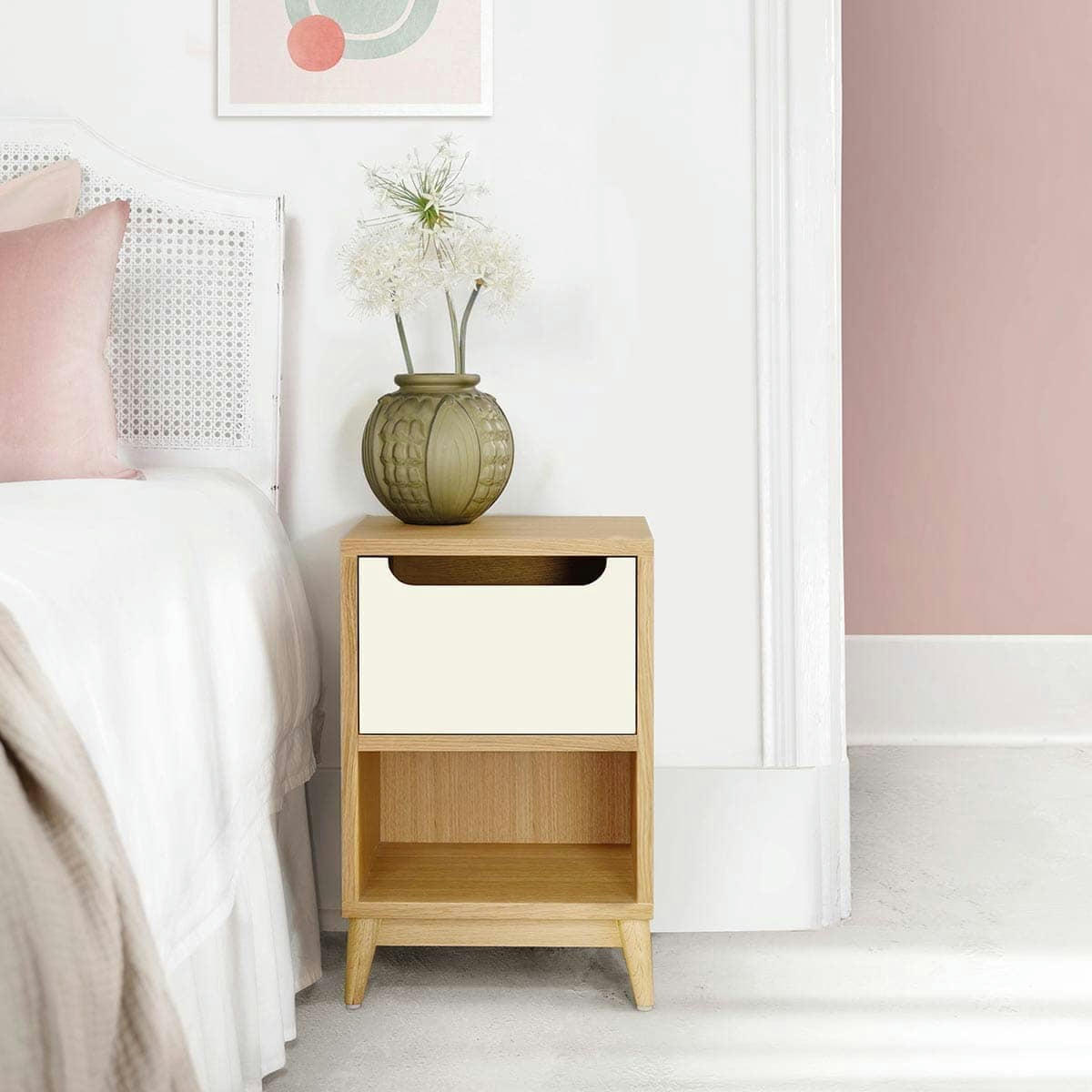 UNIK - Table de chevet en bois- chene et blanc sable, 1 porte- 54*36*32