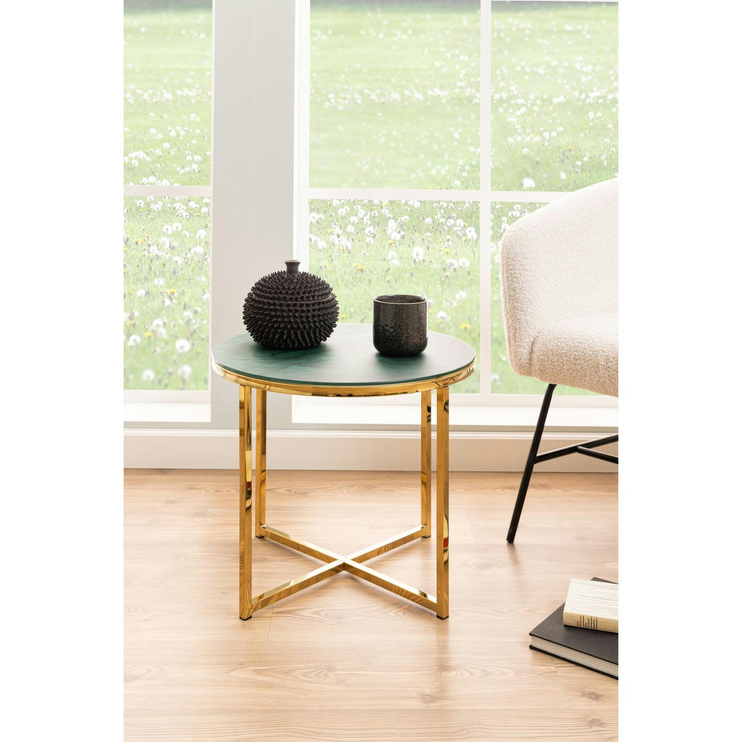 ALYSÉ - Table d’appoint ronde en verre et métal vert