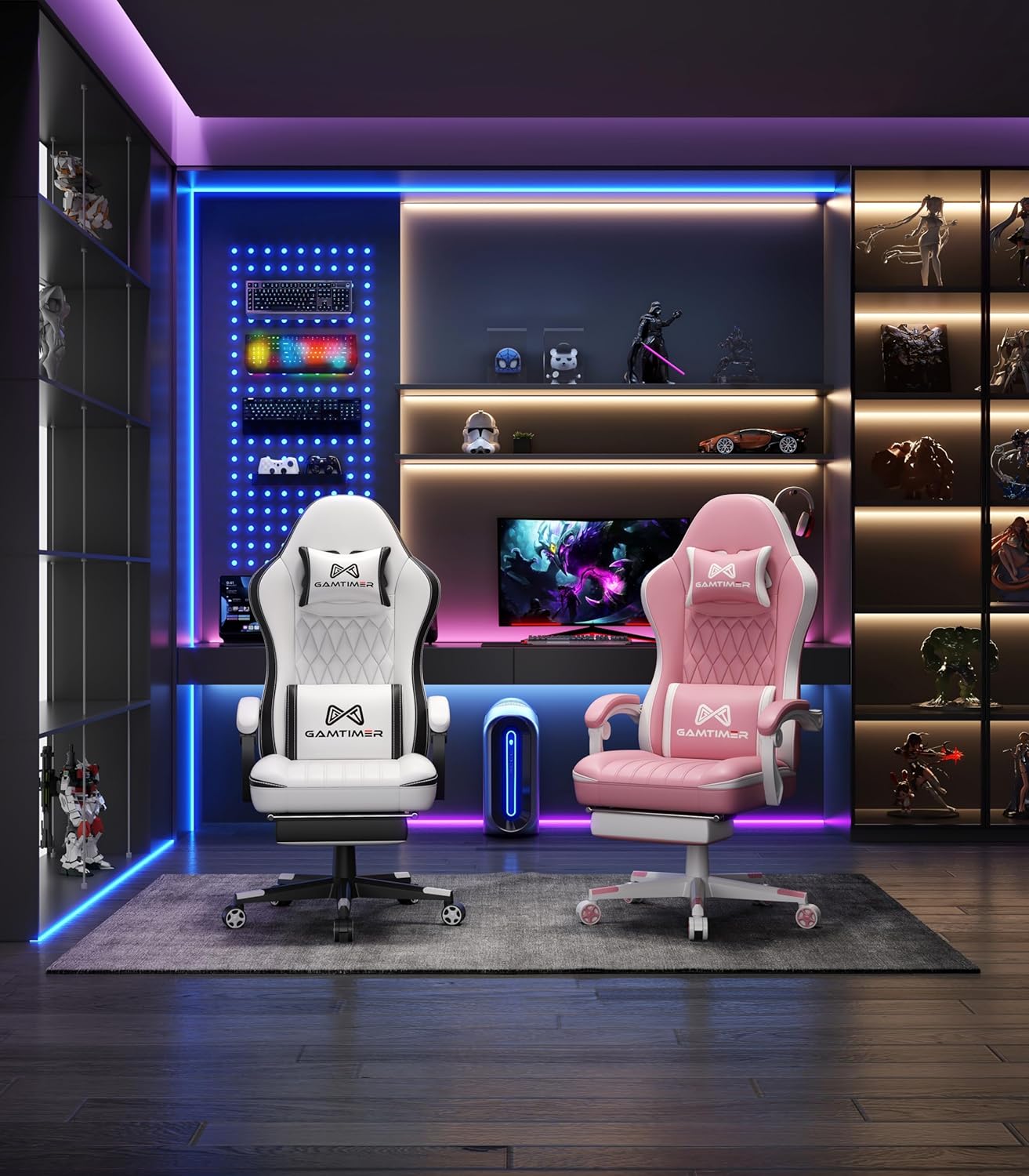 Gamtimer Gaming Chair with Footrest, Ergonomic Computer Chair, PU Breathable Material with Headrest and Lumbar Support, Suitable for Silla Gamer and Adults (White)