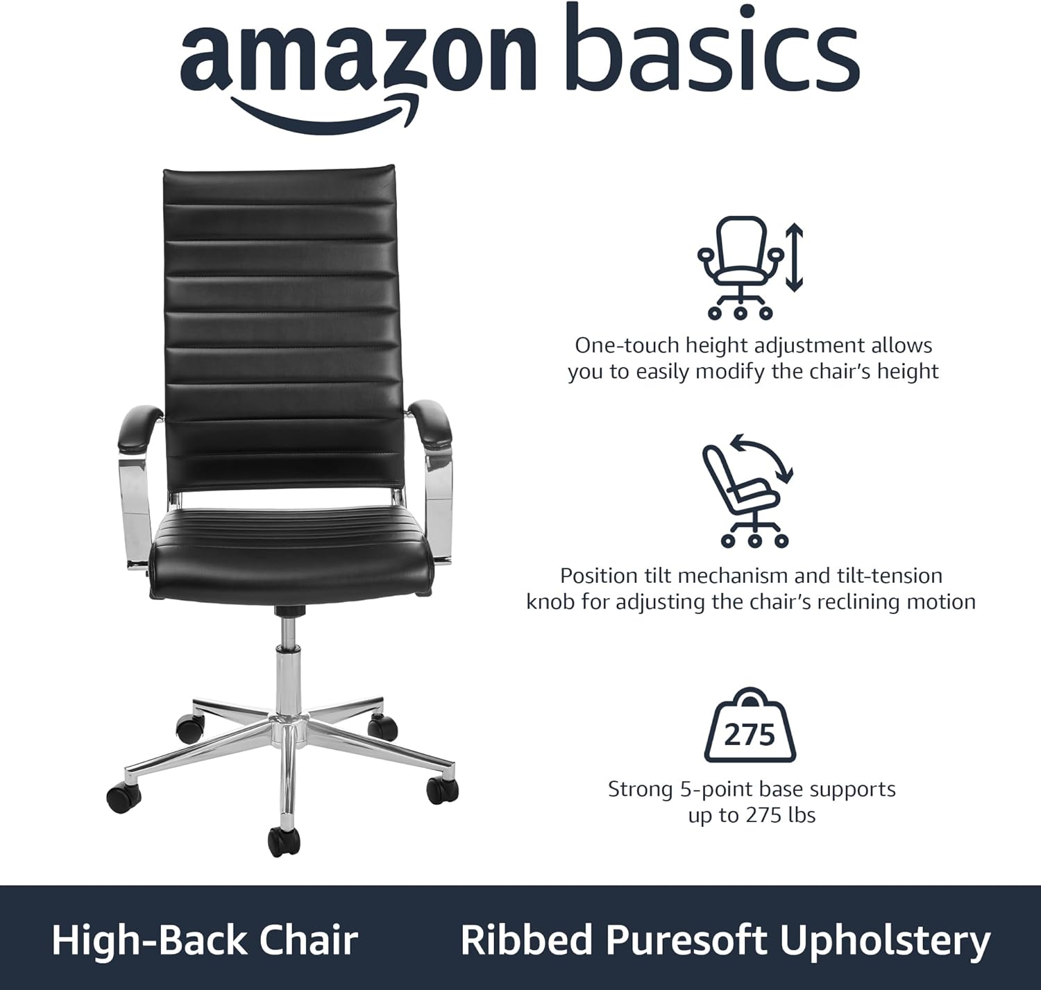 Amazon Basics High-Back Swivel Office Chair with Lumbar Support, Ergonomic Ribbed Faux Leather, Adjustable Height, 45.25 x 24.75 x 23.25, Black
