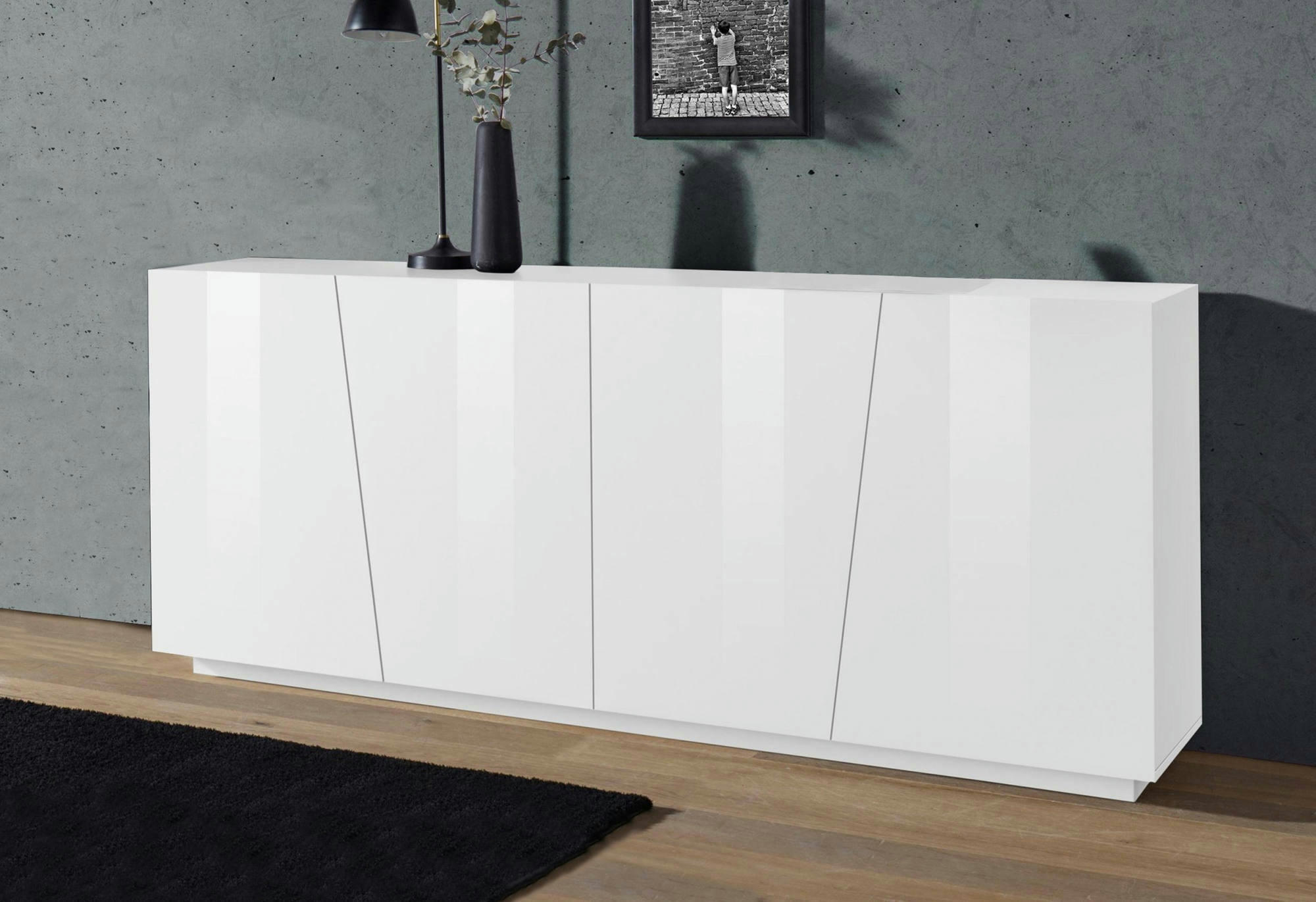 DLIGUOR - Buffet 4 portes blanc brillant effet bois