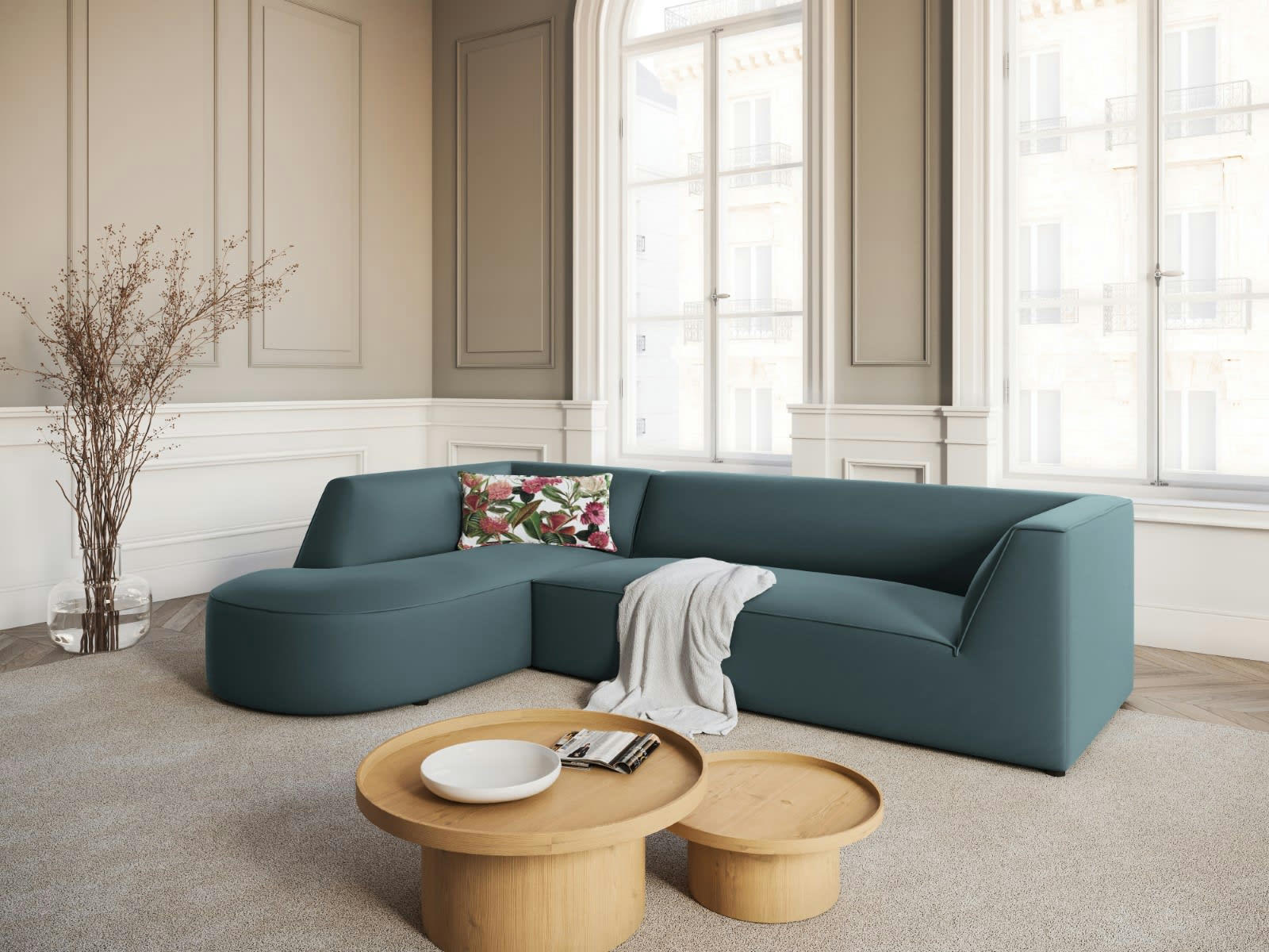 CHARLES - Canapé D'Angle Gauche 4 places en Velours Bleu