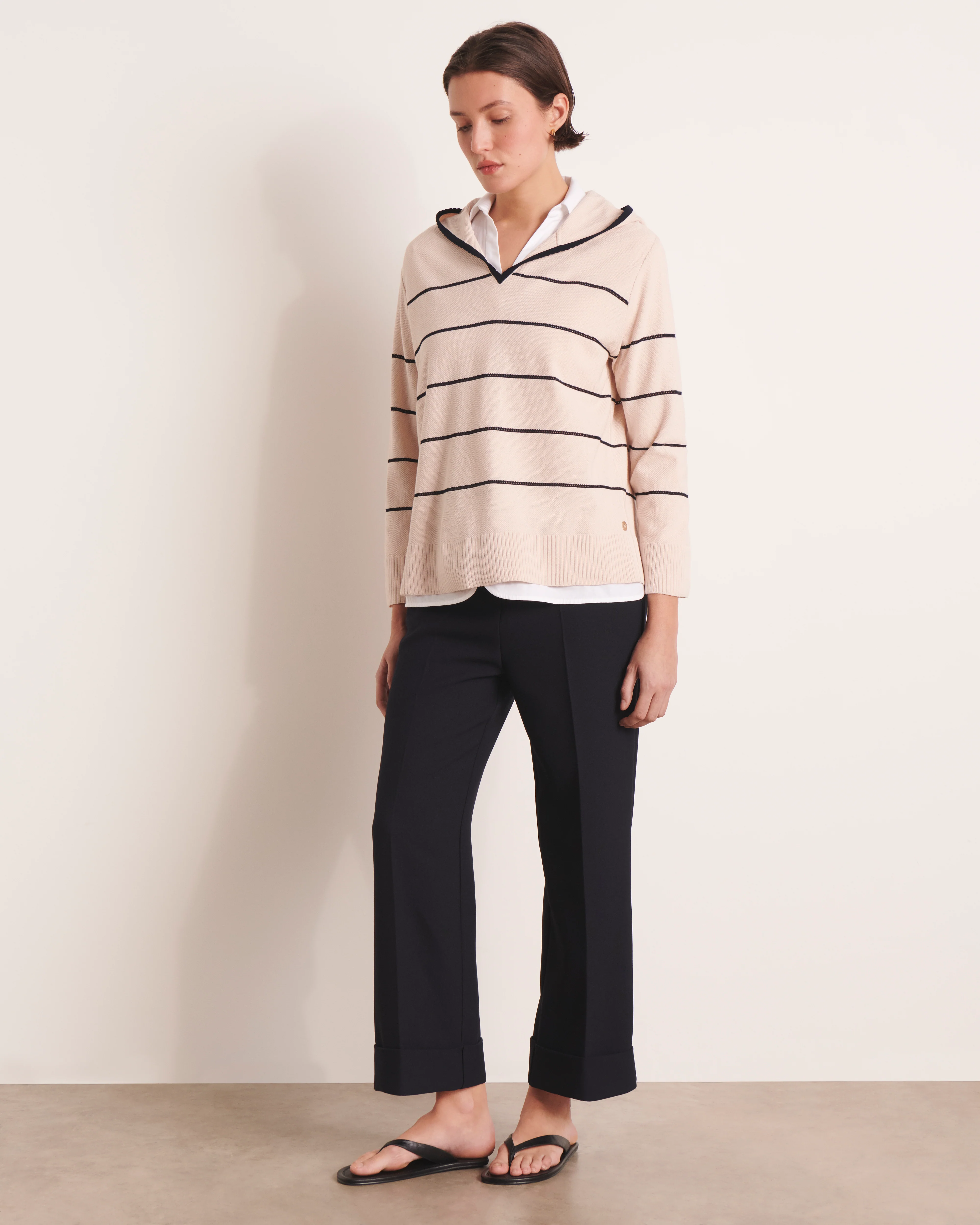 Pull à capuche beige à rayures en maille ALPHA-BIS/13236/781