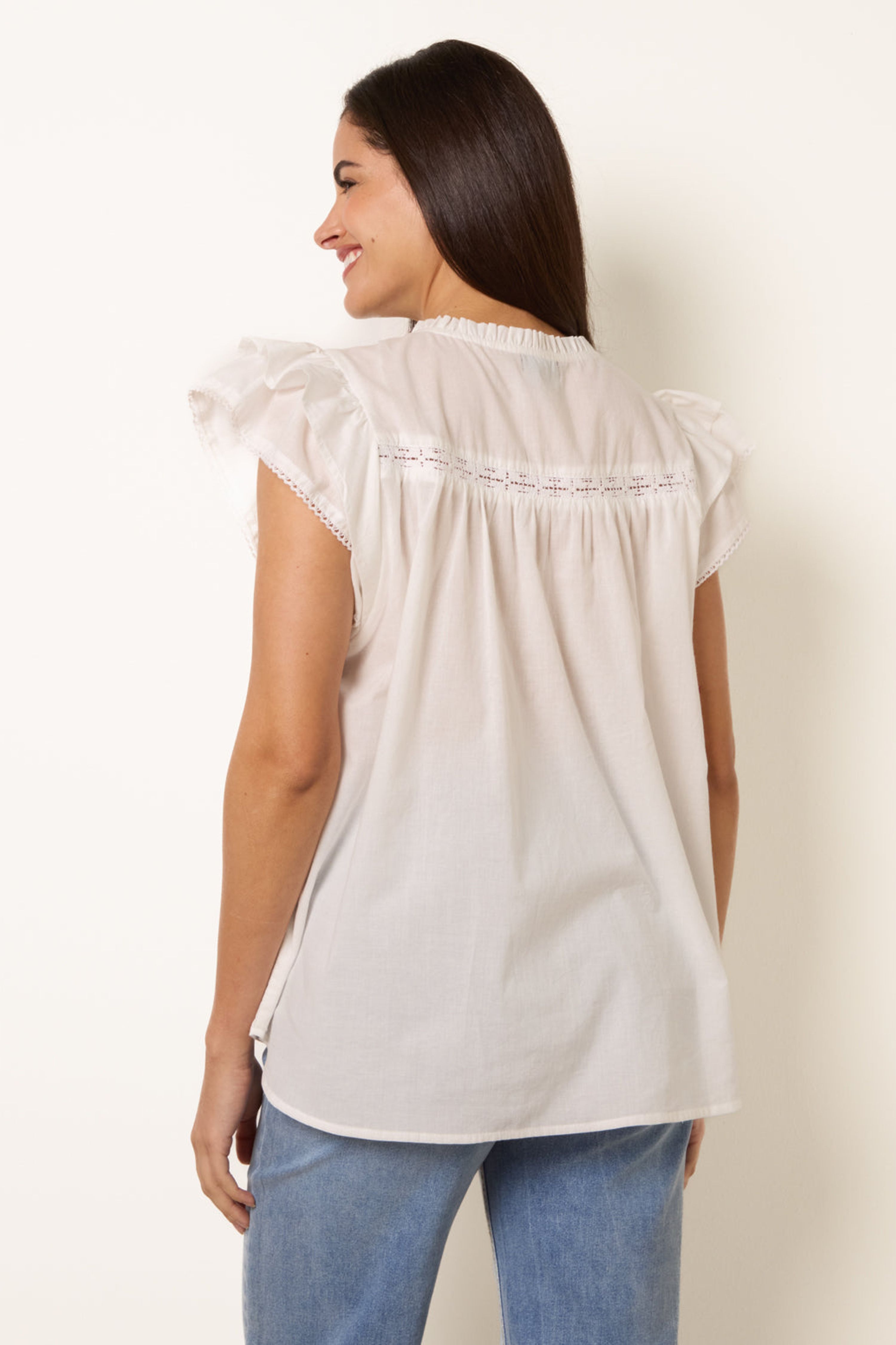 Blue Vanilla Ivory Cotton Embroidery Detail Ruffle Sleeve Top