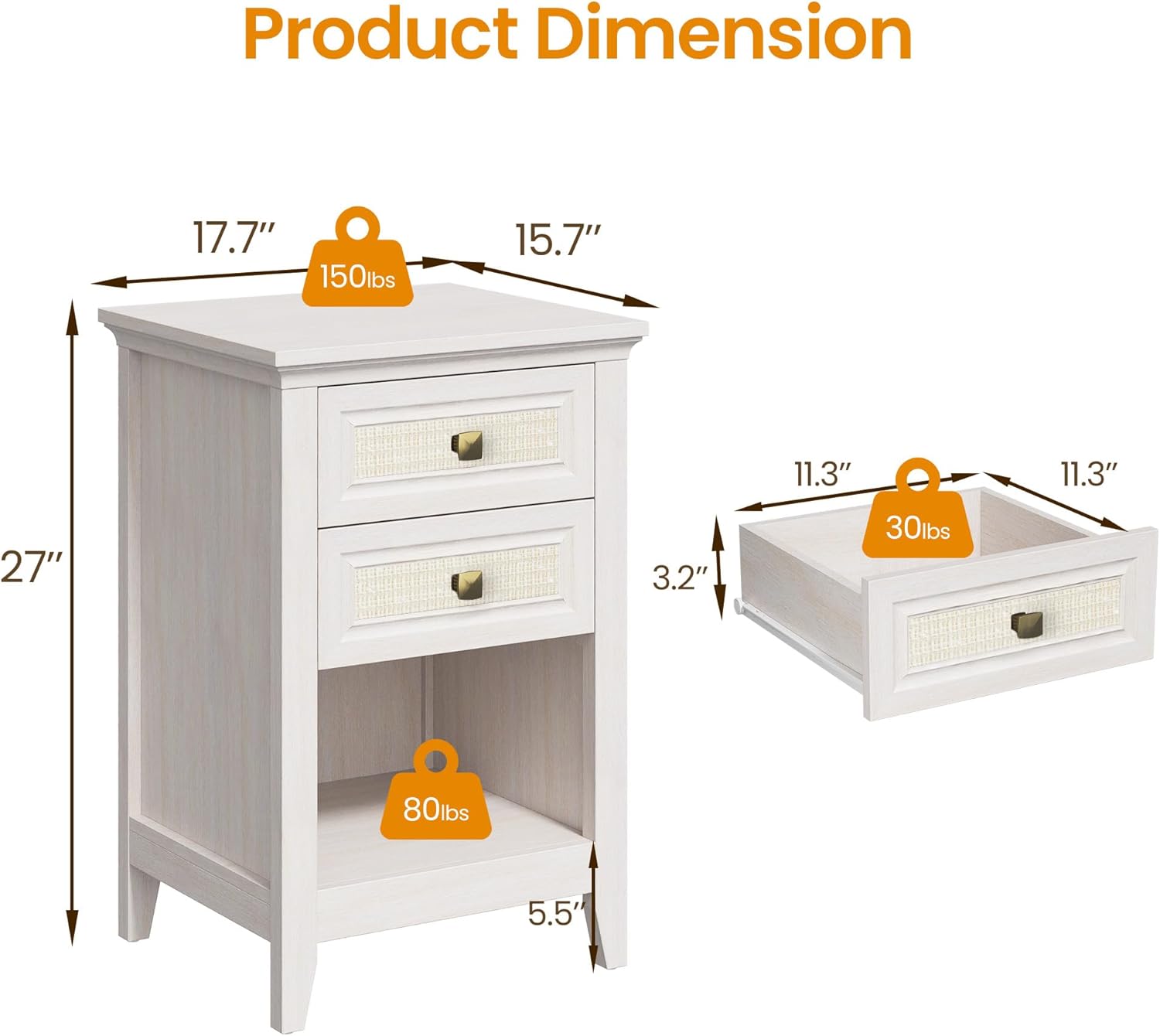 RoyalCraft White Rattan Nightstand with Drawer Set of 2, Boho 27 Tall Bedside Table with Storage for Small Space, Wood Accent End Table Bedroom Furniture, Couch, Grayish White