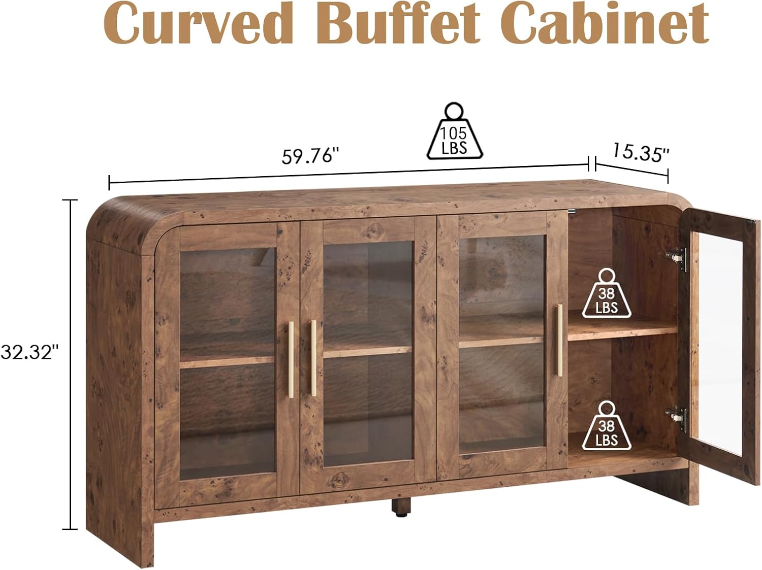 Sideboard Buffet Cabinet Unique Curved Large Credenza Storage Cabinet with 4 Glass Doors, FSC-Certified Wooden Board Console Cabinet, Kitchen Coffee Bar Cabinet for Living Room, Hallway