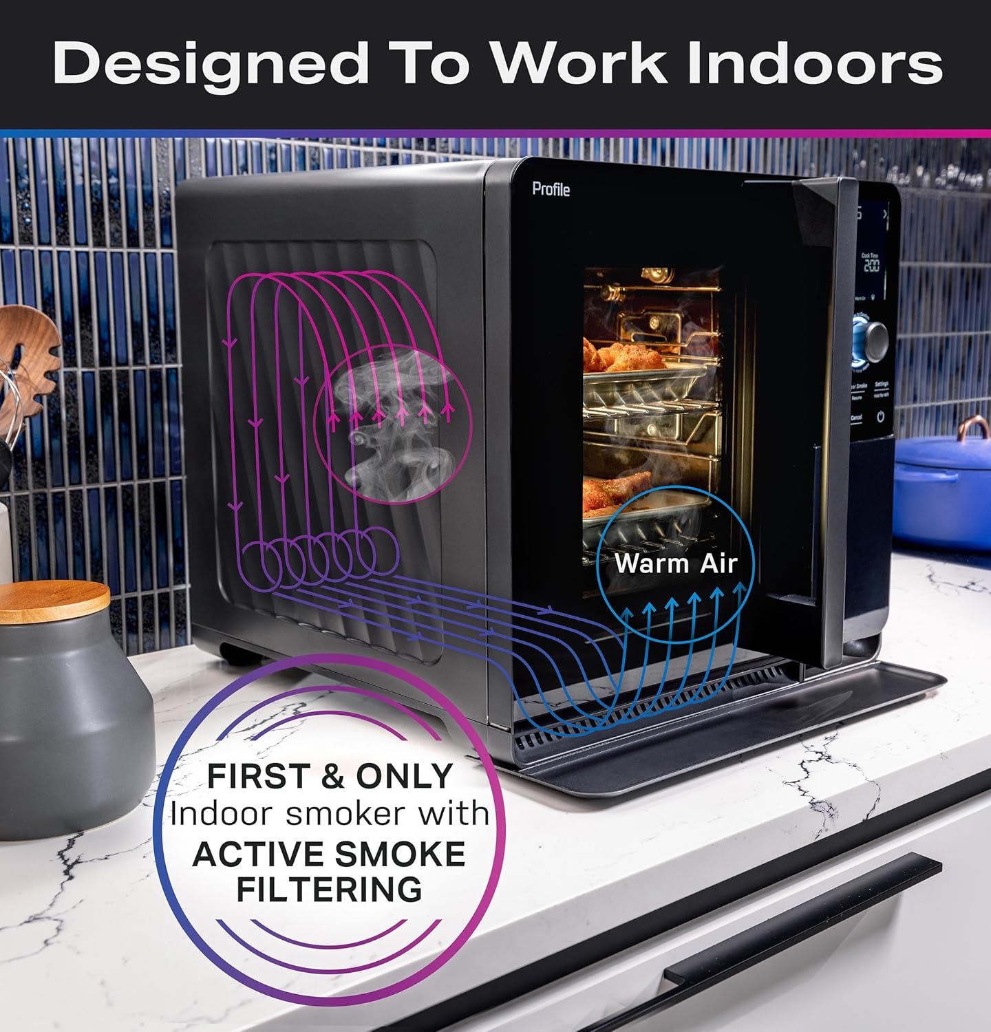 GE Profile™ Smart Indoor Pellet Smoker  with Active Smoke Filtration  5 Smoke Control Settings  WiFi Connected  Electric  Countertop BBQ Appliance  Black