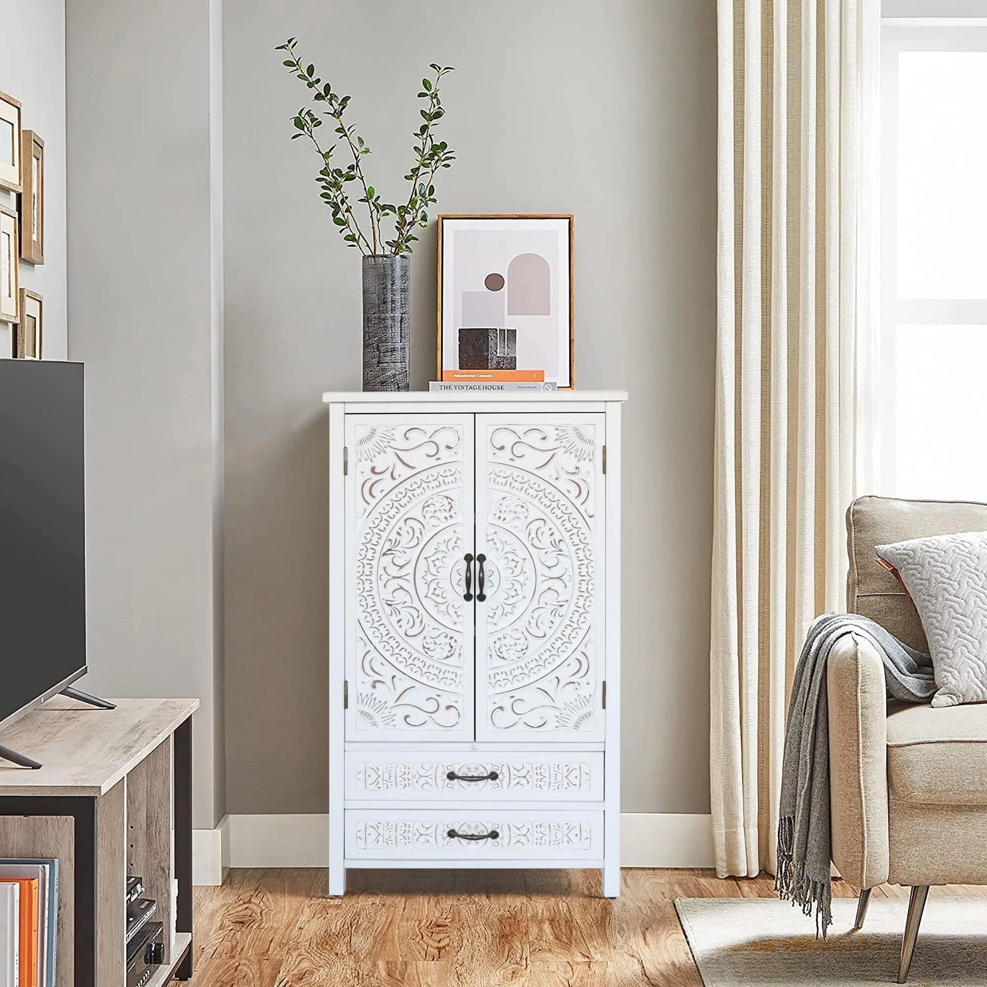 27Accent Tall Tower White Storage Cabinet - Rustic Wood Sideboard Pantry Cabinet - Versatile Buffet Cabinet with Storage
