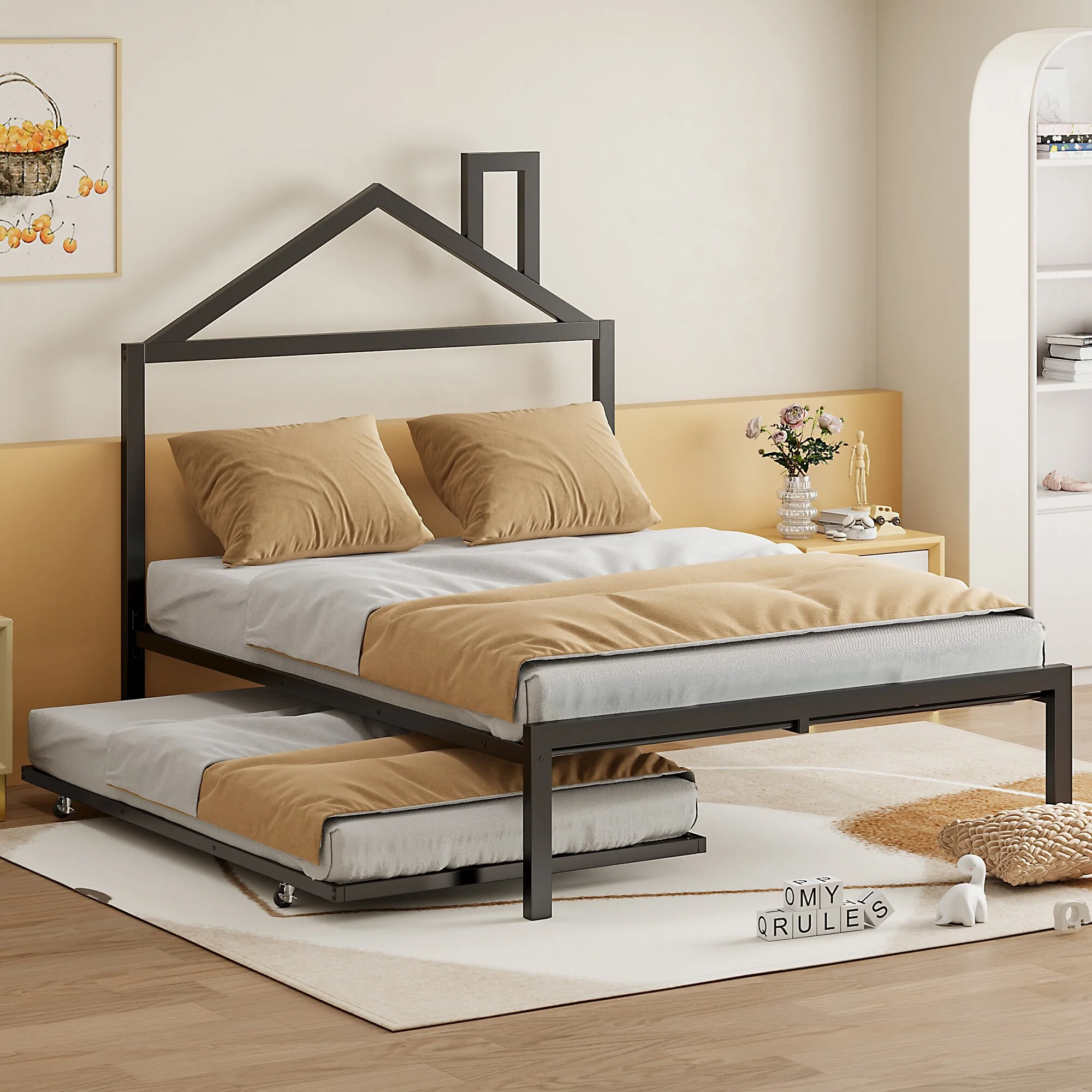 Full Metal House Bed with Chimney Design and Trundle, Space-Saving Platform Bed