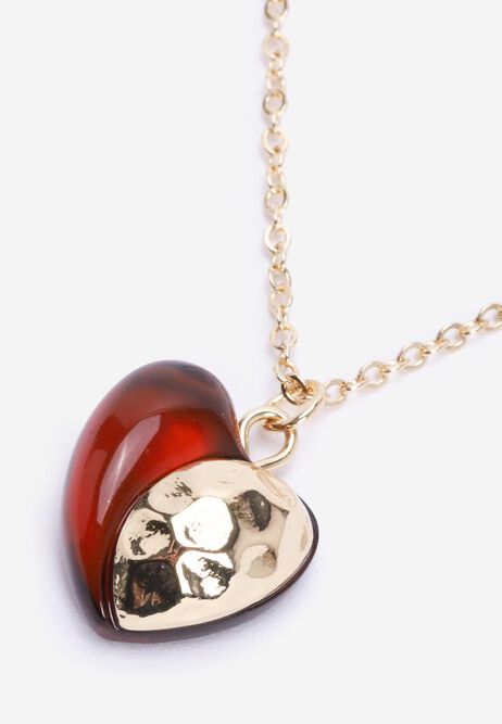 Womens Gold & Red Resin Heart Necklace