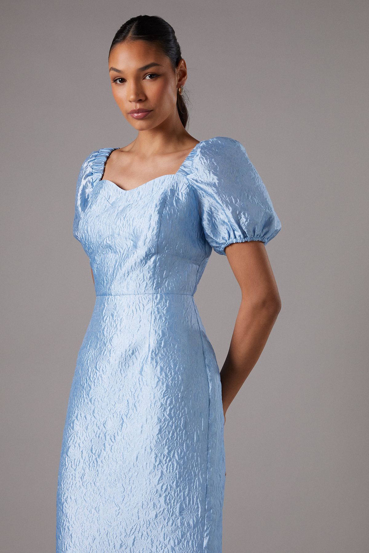 Coast Textured Fitted Midi Dress With Puff Sleeve