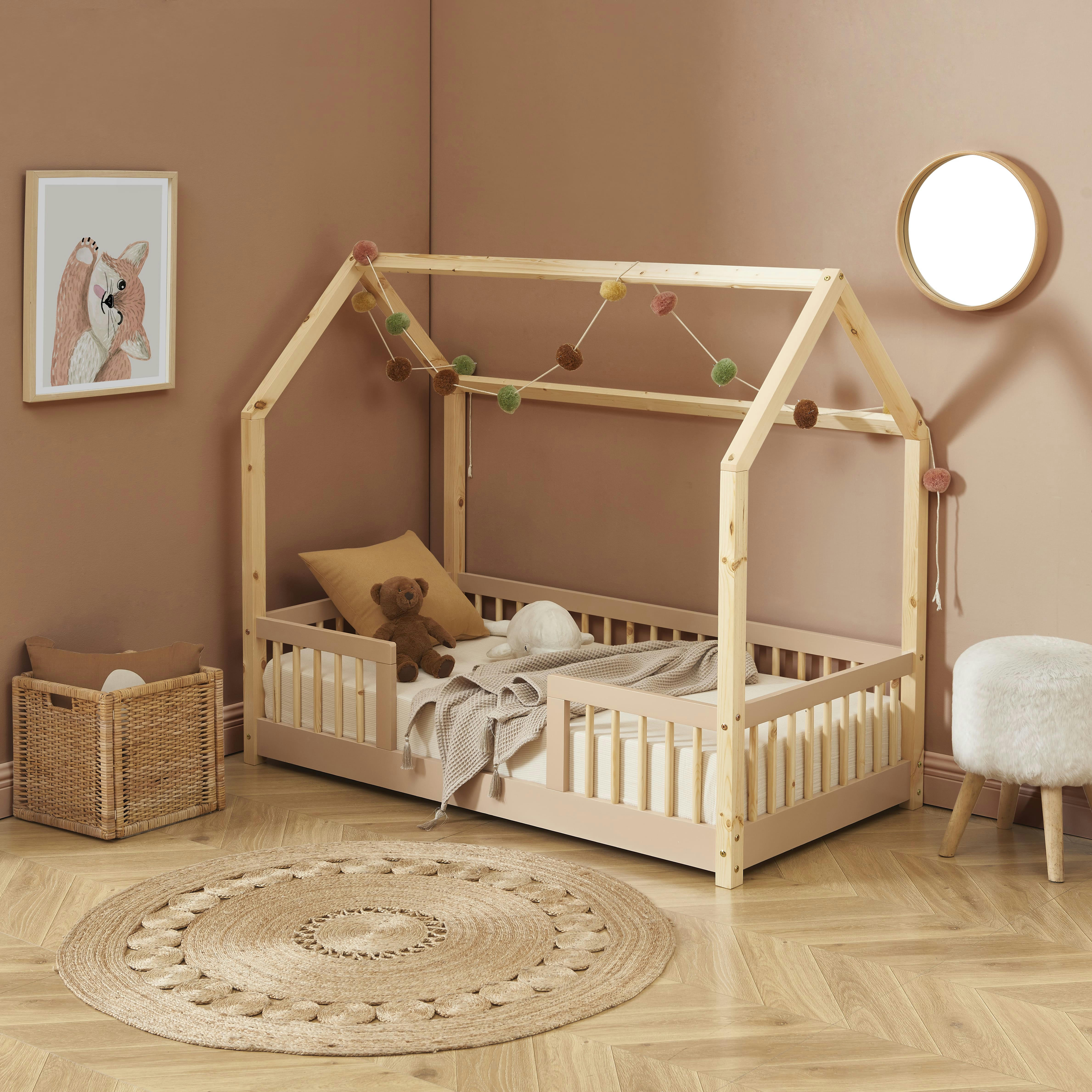 TINY - Lit cabane avec barrières  pin et rose 70x140 sommier inclus