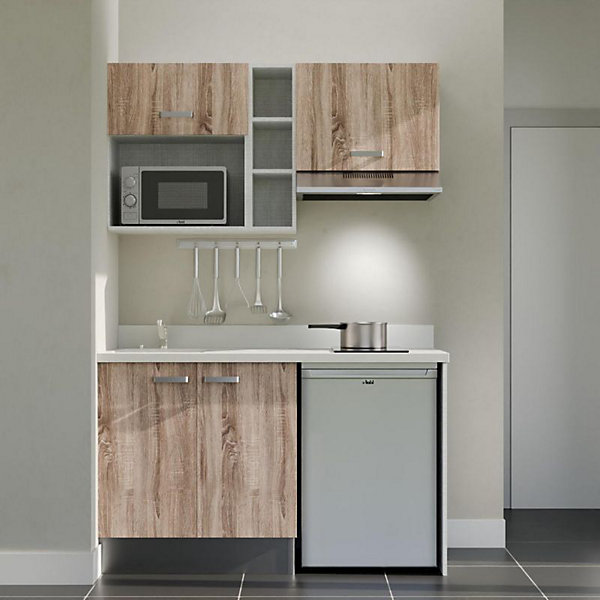 Kitchenette K13 - 140 cm - façades Bois - Plan monobloc en quartz coloris Snova évier à gauche - Electroménager Inox