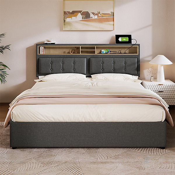 Lit adulte lit 160x200 cm lit rembourré avec quatre tiroirs avec sommier à lattes en bois lit double lin gris