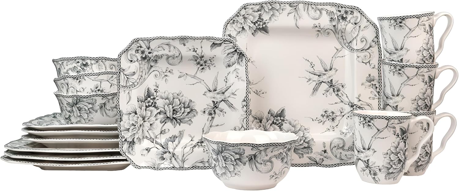 222 Fifth Adelaide Grey 16-Piece Floral Porcelain Dinnerware Set | Microwave and Dishwasher Safe Dining Set for 4 | Stackable and Chip-Resistant Plates Bowls and Cups | Gift for Housewarming & Wedding