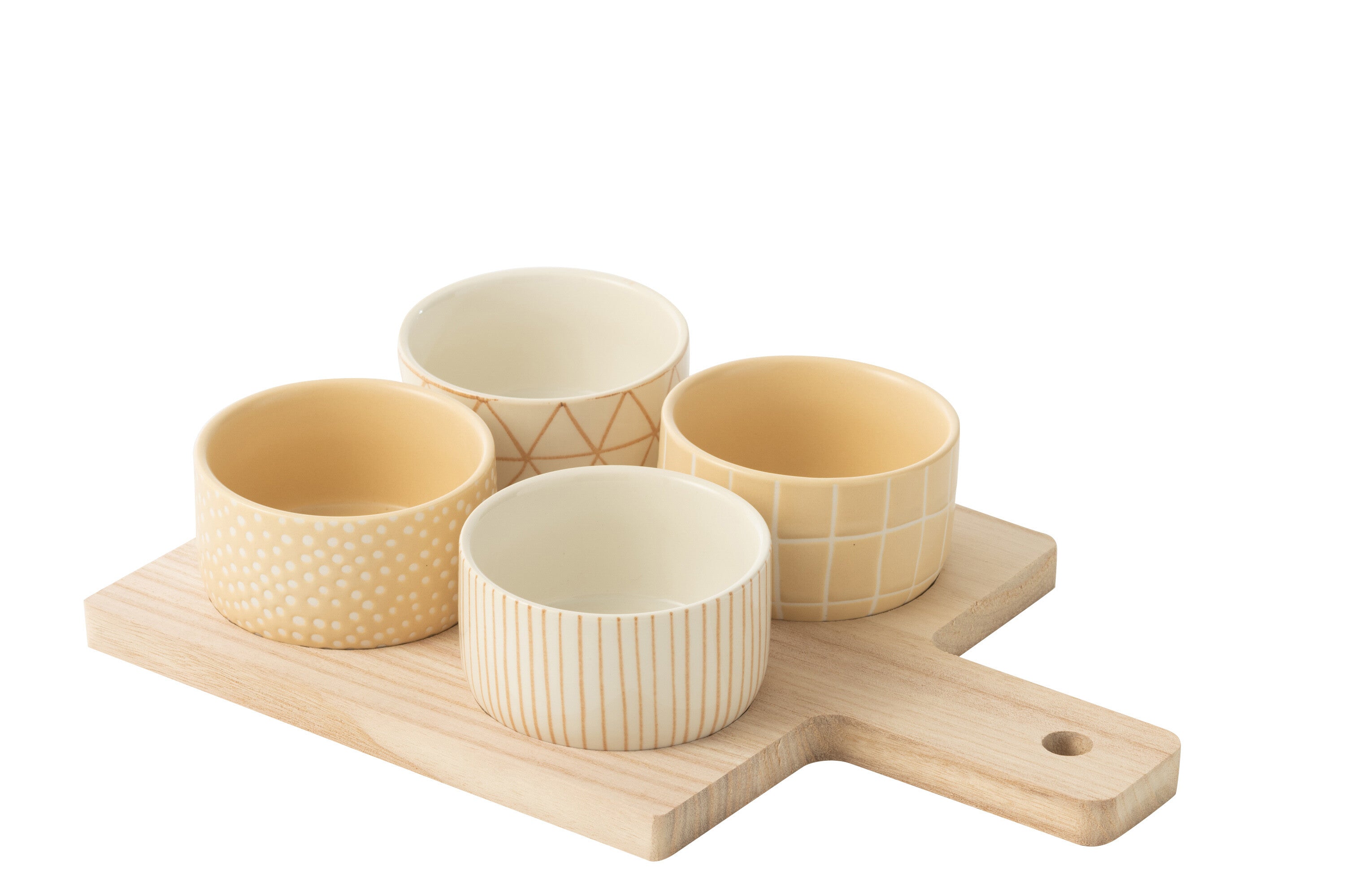 J-Line tapasplank 4 kommen   bambouschaal In Doos - keramiek/hout - wit/creme