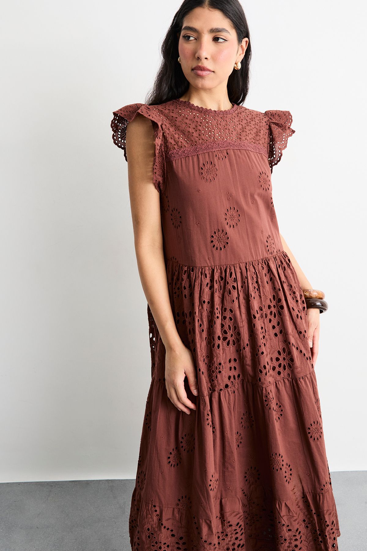 Warehouse Broderie Mix Tiered Midi Dress