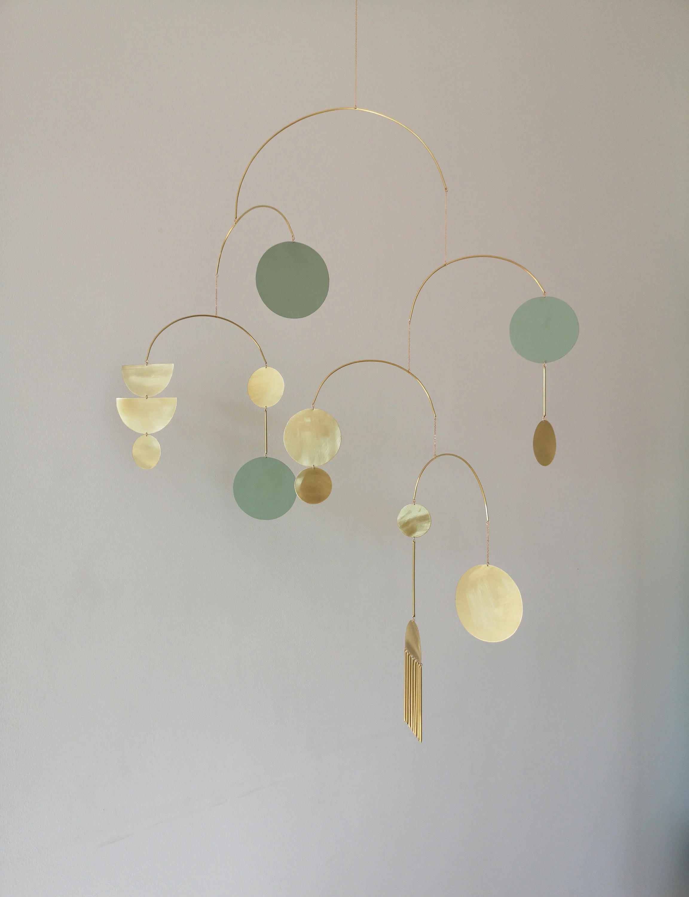 Large brass kinetic mobile. Gold metal hanging sculpture. Mid-century modern art decor