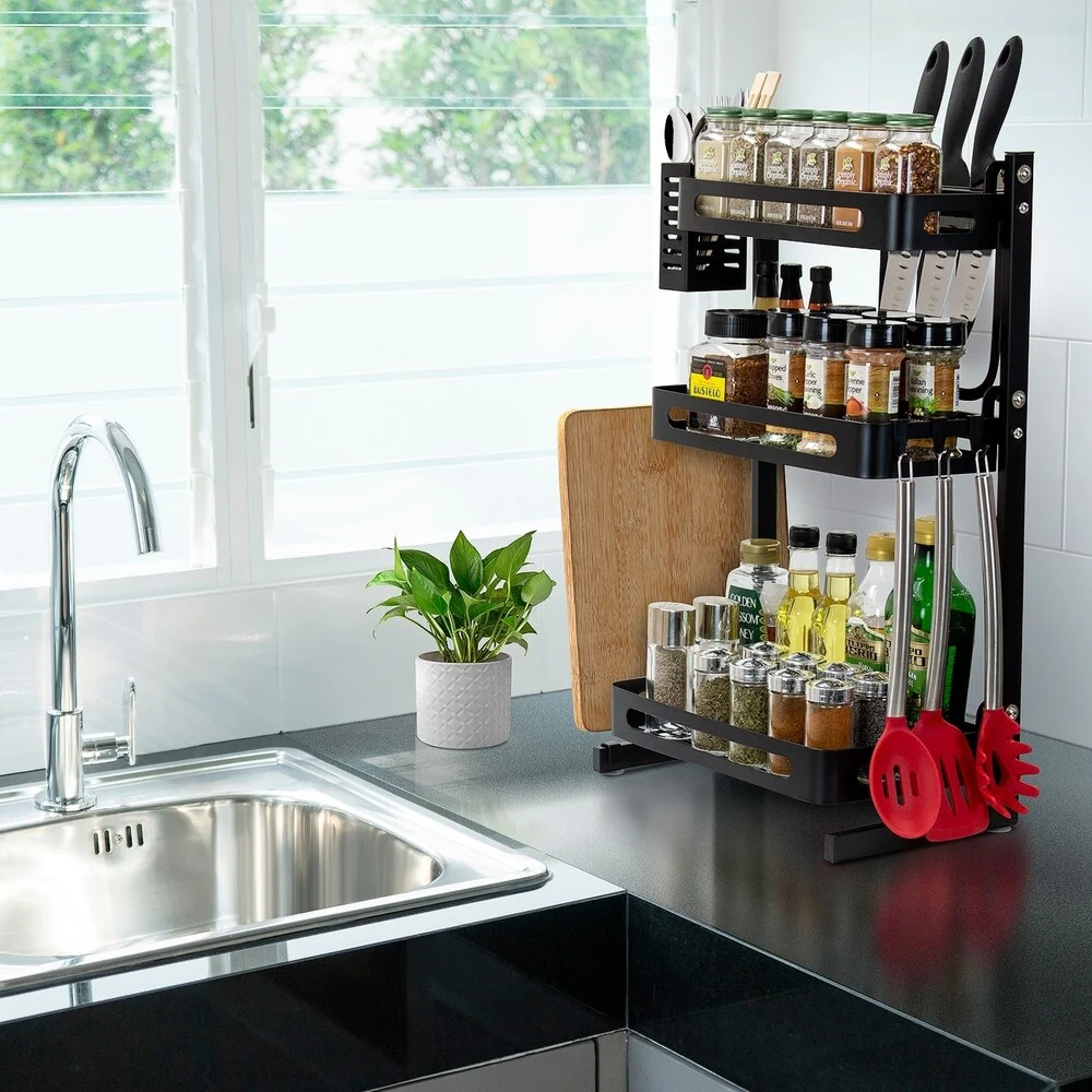 3 Tier Metal Kitchen Spice Rack Countertop Standing Organizer with 3 Hooks, Black