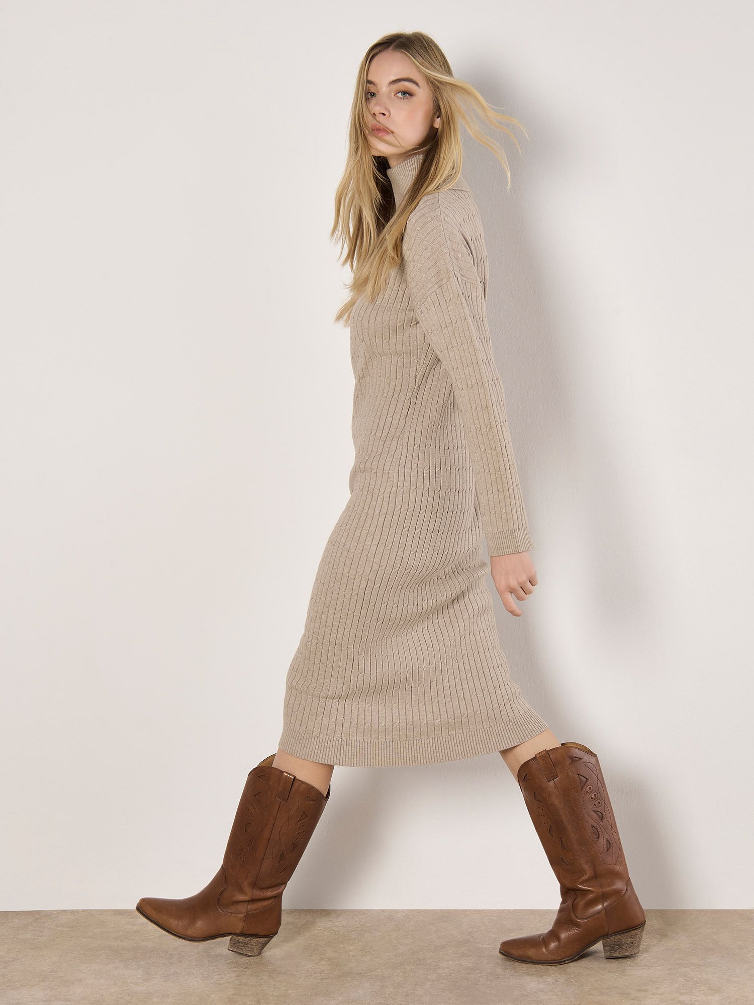 Apricot Roll Neck Kntted Midi Dress
