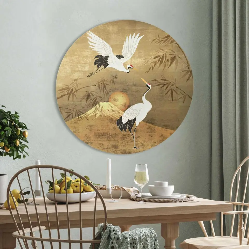 Glasschilderij Kraanvogels - &Oslash; 70 - Goudkleurig