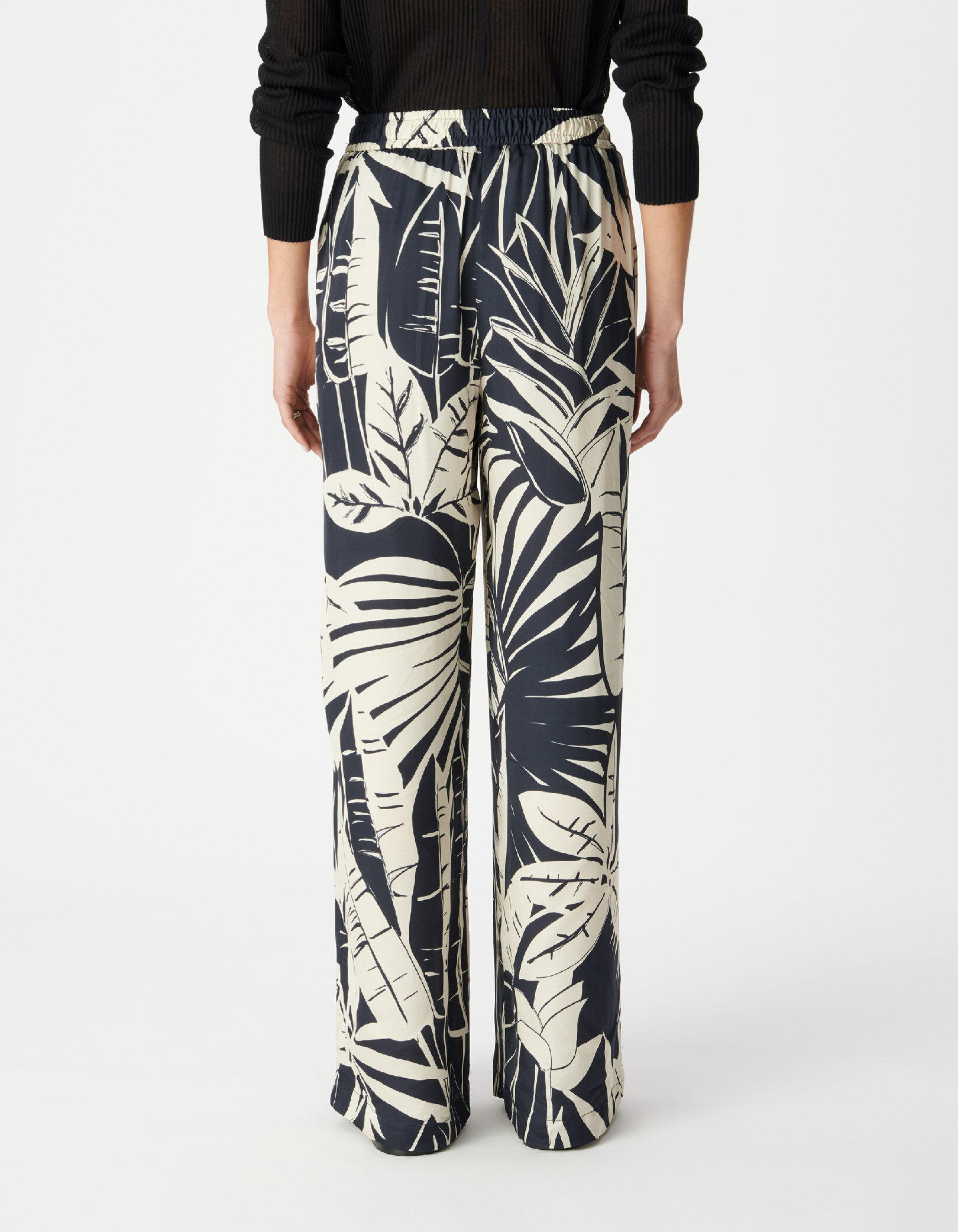 Pantalon large marine satiné imprimé maxi feuilles Femme