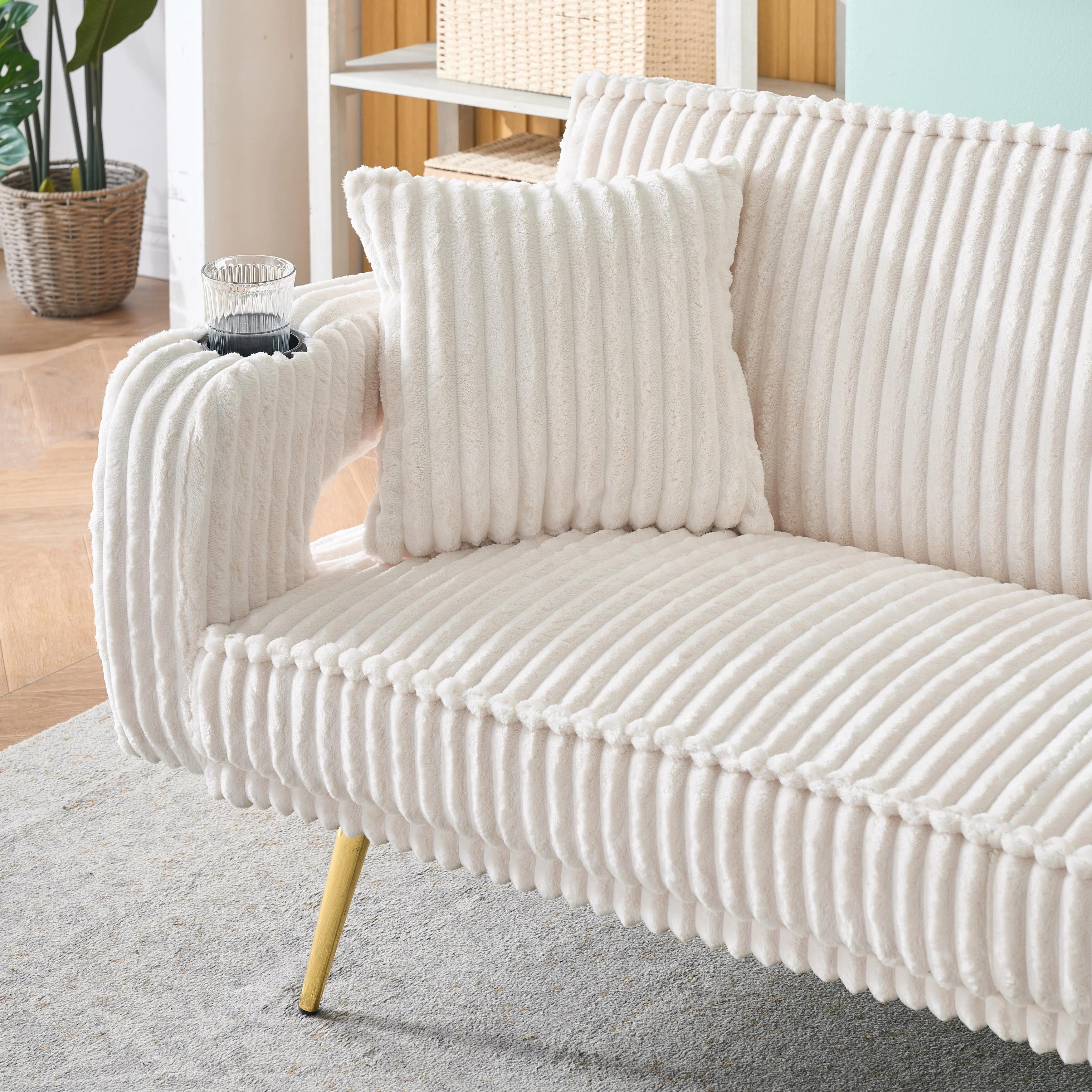Straight-Row Corduroy Sofa With Throw Pillows, Featuring A Minimalist Style