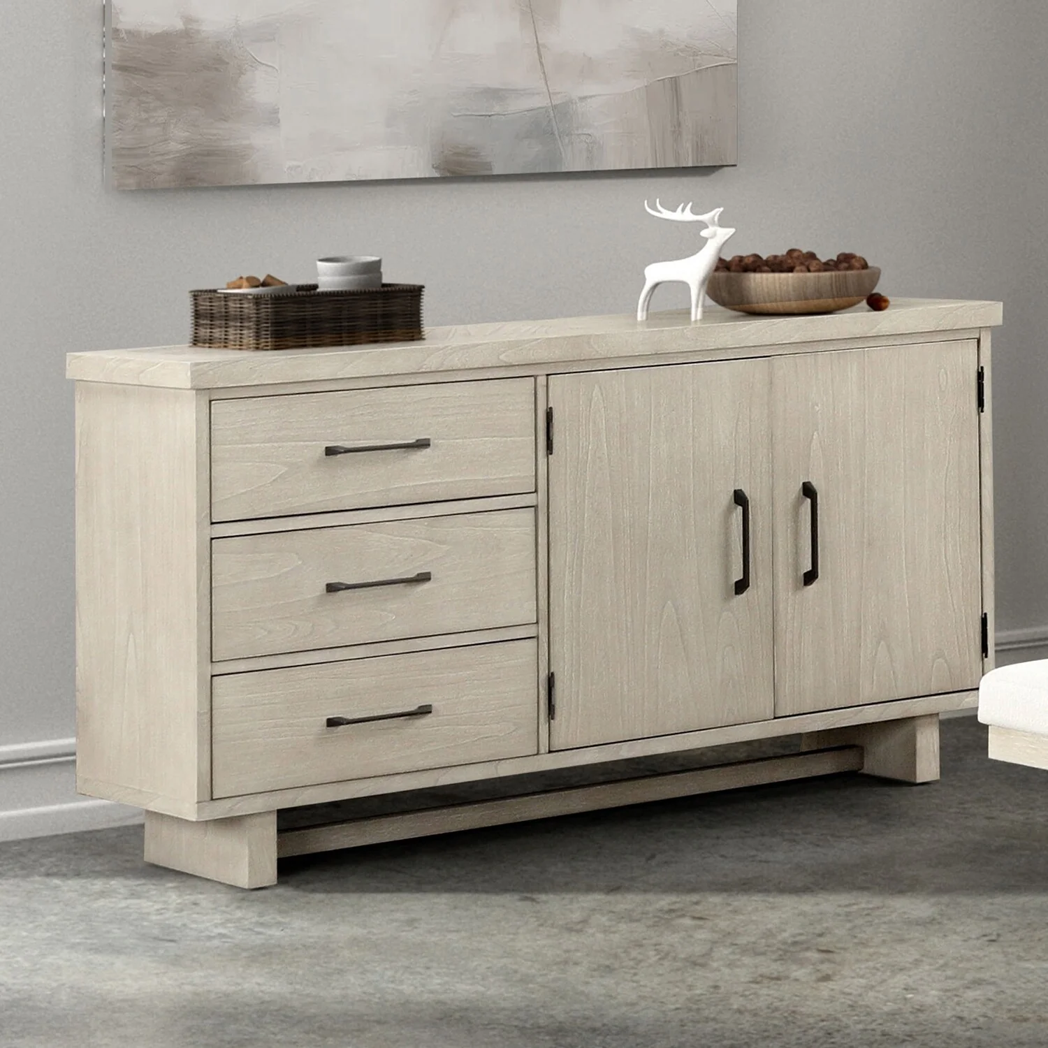 3 Drawers and 2 Doors Wooden Server with Black Iron Handle in Natural