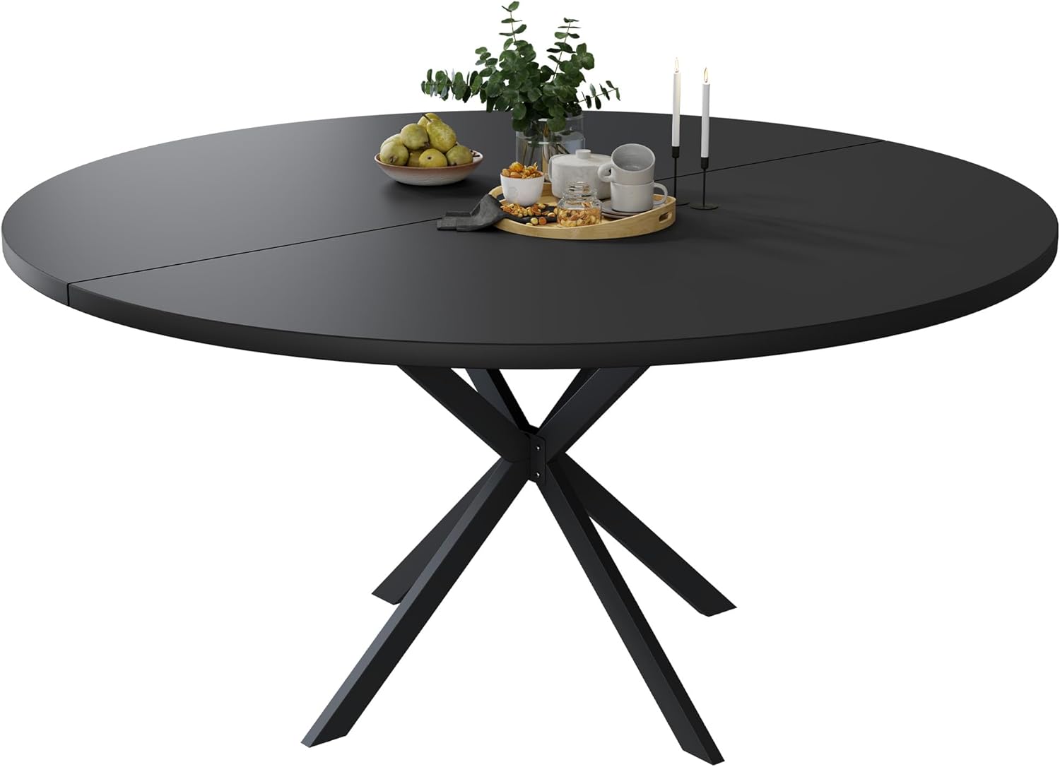 47.24 Round Dining Table, Modern Dining Room Table for 4-6 Person, Wood Round Kitchen Table with Metal Legs, Round Coffee Table for Home Dining Room Living Room (Black)