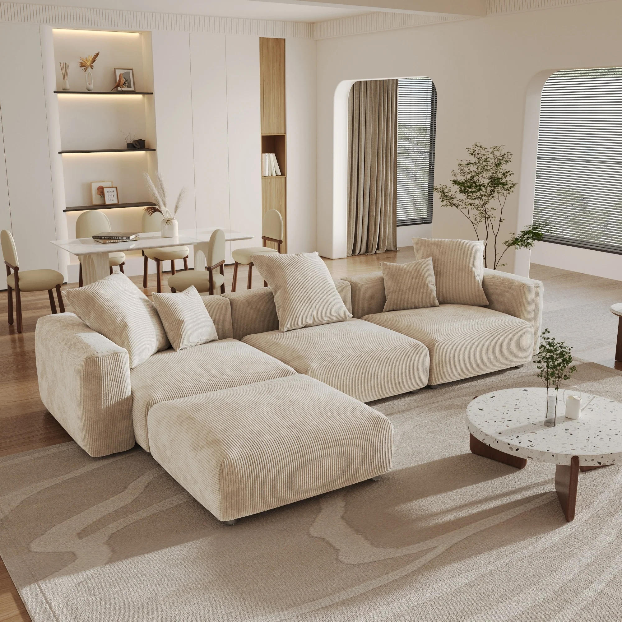 141.73  Corduroy Large Reversible Modular Sectional Sofa L-Shape Couch with Otoman and Pillow