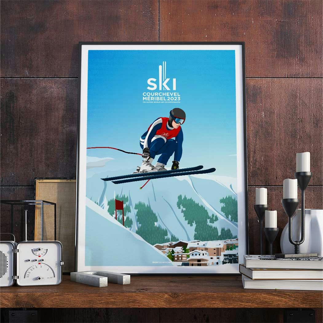 SKI - Affiche Ski - Courchevel Méribel 2023 Skieur Saut 30x40cm