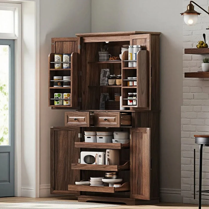 71 Tall Kitchen Pantry Cabinet with 3 Pull-Out Organizers, Freestanding Cupboard With Adjustable Shelves, Versatile Storage