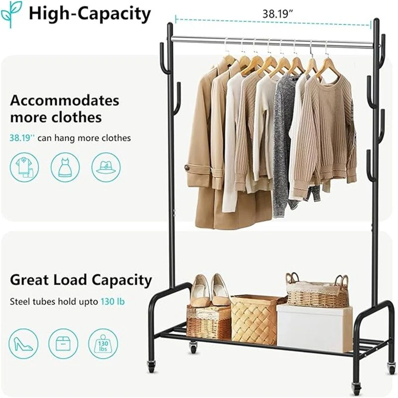 Heavy Duty Clothing Rack with Wheels and Bottom Shelf - 38.19D x 55.12W x 14.17H