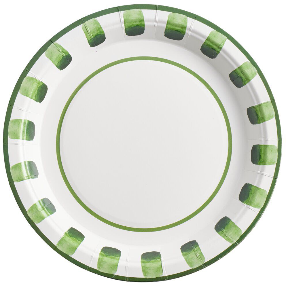 Assiette à dessert carton x8 blanc contour motif vert Ø18cm